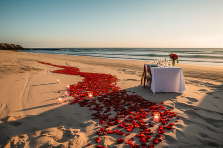 Wedding table on the beach with red rose petals. Generative AI.の素材