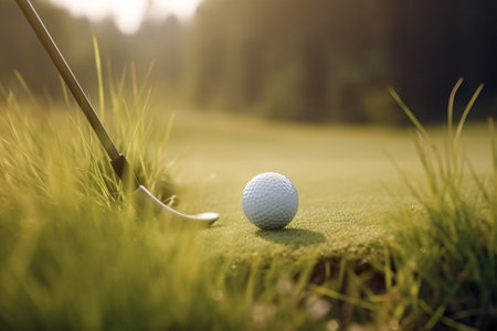 Golf ball on green grass in beautiful golf course at sunset. Generative AI.の素材