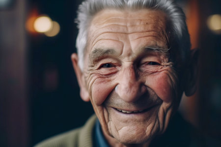 Portrait of an elderly man smiling at the camera. close-up. Generative AI.の素材