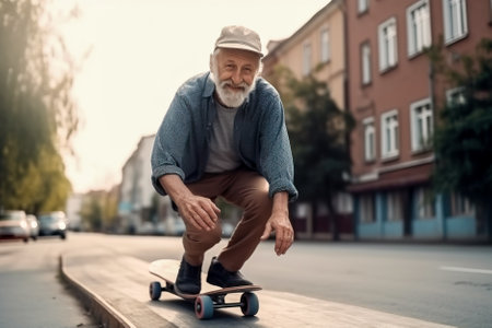 Elderly man riding a skateboard on a city street. Generative AI.の素材