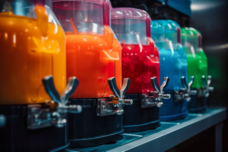 Colorful plastic bottles for juice or water on shelf in supermarket. Generative AI.の素材