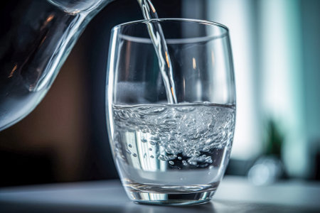 Pouring water into a glass of water on the table in the kitchen. Generative AI.の素材