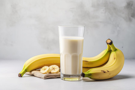 Banana smoothie in a glass with fresh bananas on a gray background. Generative AI.の素材