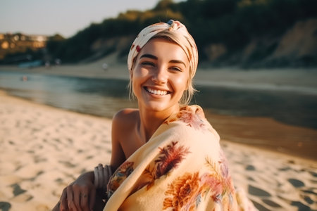 Portrait of a cute little girl covered with a blanket on the beach. Generative AI.の素材