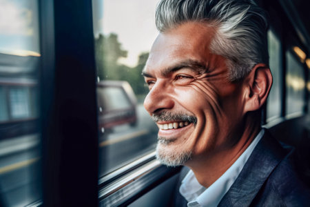 portrait of a handsome middle aged businessman smiling and looking away in the bus. Generative AI.の素材