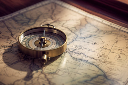 Compass on old map. Vintage style toned picture. travel concept. Generative AI.の素材