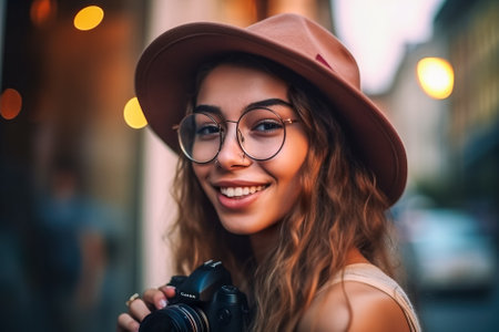 Beautiful young woman in hat and glasses with camera in the city. Generative AI.の素材