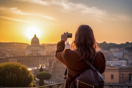 Young woman taking photo of St. Peter's Basilica at sunset, Rome. Generative AI.の素材
