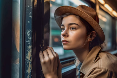 Portrait of a beautiful young woman looking out the window of a train. Generative AI.の素材