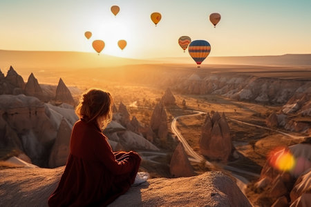 Young woman in red dress sitting on the edge of the cliff and enjoying hot air balloons flying over Cappadocia. Generative AI.の素材