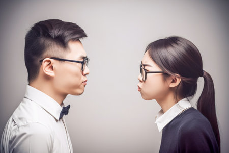 Portrait of young man and woman in eyeglasses looking at each other. Generative AI.の素材