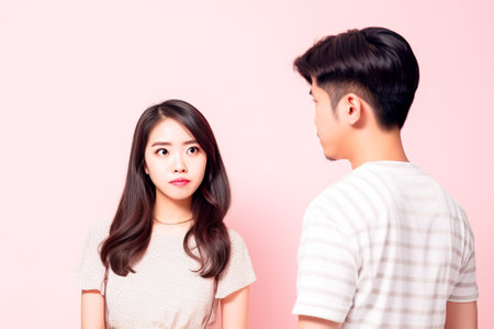 Young asian couple looking at each other, isolated on pink background. Generative AI.の素材