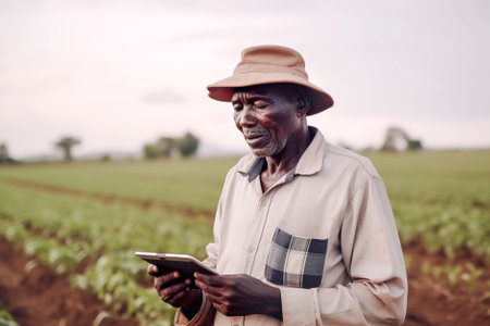 Portrait of confident male farmer using digital tablet while standing in the field. Generative AI.の素材
