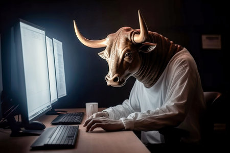 Bull in the office. Bull in the workplace. Bull in the workplace. Generative AI.の素材