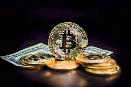 Gold bitcoin on a black background. Generative AI.の素材