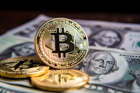 Bitcoin and dollars on a dark background. Cryptocurrency, digital money. Generative AI.の素材