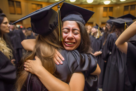Close up of happy graduate girl in cap and gown with closed eyes. Generative AI.の素材