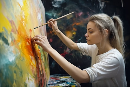 Young woman artist paints a picture on a palette with oil paints.の素材