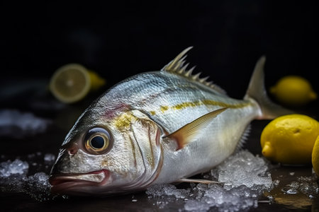 Fresh raw sea bream fish with ice cubes on black background. Generative AI.の素材