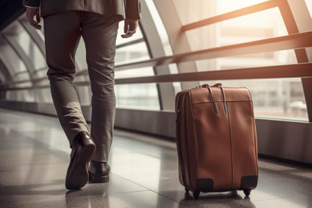 Businessman walking with suitcase in airport terminal. Travel and transportation concept. Generative AI.の素材