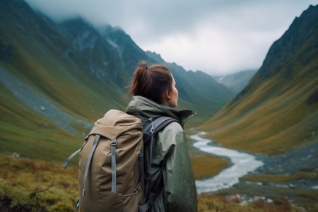 Young woman with a backpack on the background of mountains. Generative AI.の素材