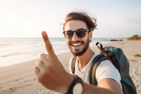 Cheerful young man wearing sunglasses and backpack taking selfie on the beach. Generative AI.の素材