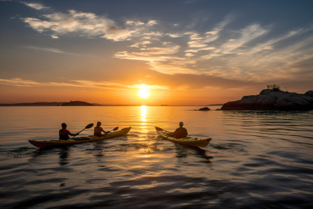 Silhouette of two men kayaking on the lake at sunset. Generative AI.の素材