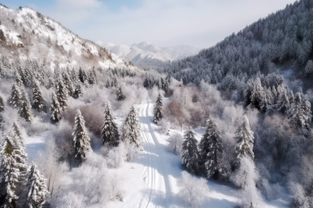 Aerial view of winter forest with snow covered trees. beautiful winter landscape. Generative AI.の素材