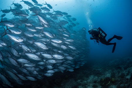 diver underwater in the ocean and a giant school of fish. Generative AI.の素材