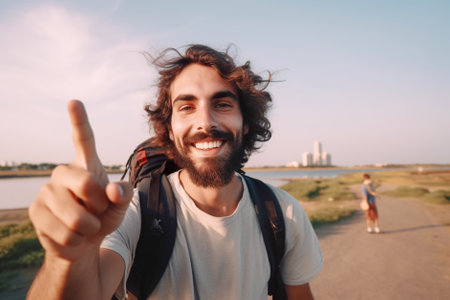 Cheerful young man wearing sunglasses and backpack taking selfie on the beach. Generative AI.の素材