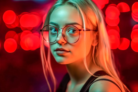 Portrait of a beautiful girl in glasses on a red background. Generative AI.の素材