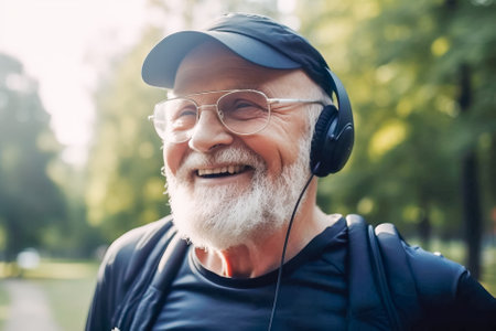 senior sportsman listening to music with headphones and smiling in park. Generative AI.の素材