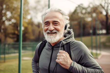 senior sportsman listening to music with headphones and smiling in park. Generative AI.の素材
