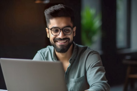 Portrait of smiling young indian man using laptop computer at night. Generative AI.の素材
