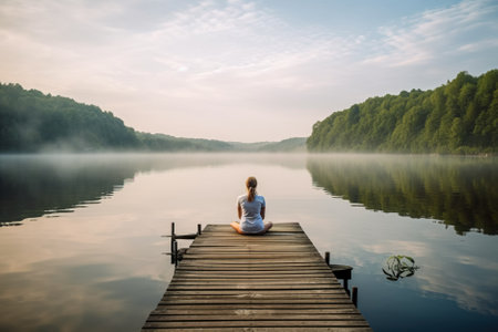 Woman sitting on a wooden pier on a lake in the misty morning. Generative AI.の素材