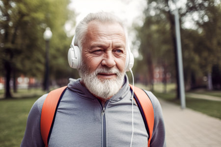 senior sportsman listening to music with headphones and smiling in park. Generative AI.の素材