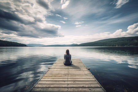 Woman sitting on a wooden pier on a lake in the misty morning. Generative AI.の素材