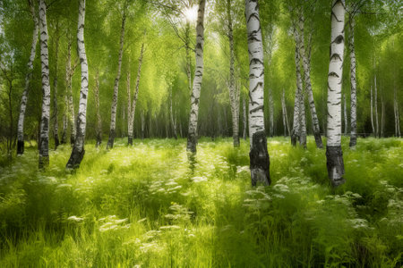 birch forest in sunlight in the morning, natural landscape background. Generative AI.の素材