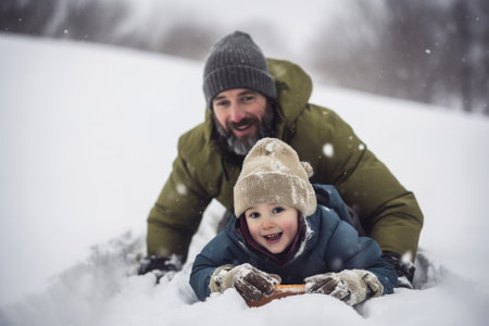 Father and son having fun in the snow. Winter holidays concept. Generative AI.の素材