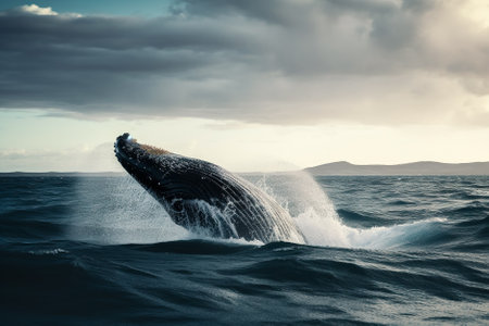 Humpback whale splashing out of the ocean. Generative AI.の素材