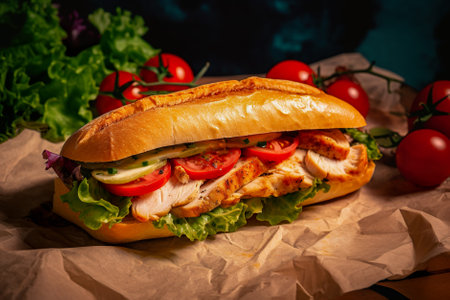 Sandwich with chicken, vegetables and cheese on a light background. Generative AI.の素材