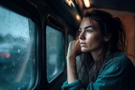 Portrait of a beautiful young woman in a yellow raincoat looking out the window of a car. Generative AI.の素材