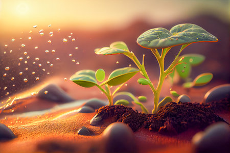 Fresh young sprouts grow out of the ground in sunset. Generative AI.の素材