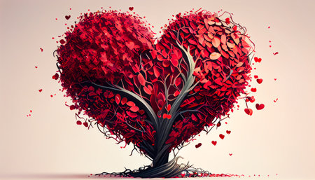 abstract tree in the form of a heart from red small hearts. Generative AI.の素材