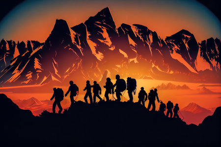 silhouettes Group of people on peak mountain climbing. Generative AI.の素材