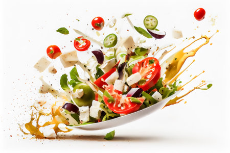 Vegetable salad with feta cheese, tomato, cucumber, onion, pepper and basil. Generative AI.の素材