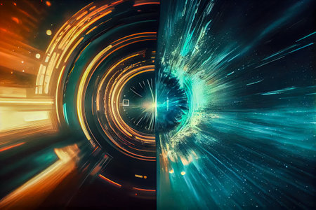 3D futuristic tunnel with glowing lines on a dark background. Generative AI.の素材