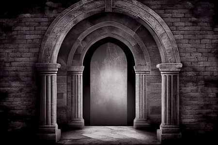 Mysterious doorway at night. Black and white toned image. Generative AI.の素材
