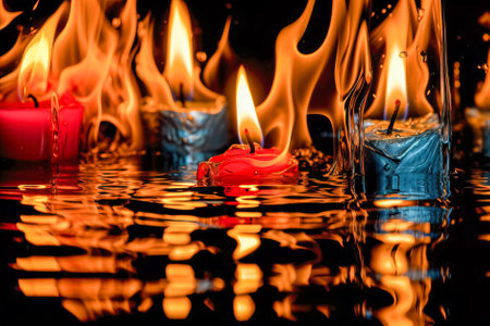 Burning candles on a black background with reflection and water drops. Generative AI.の素材