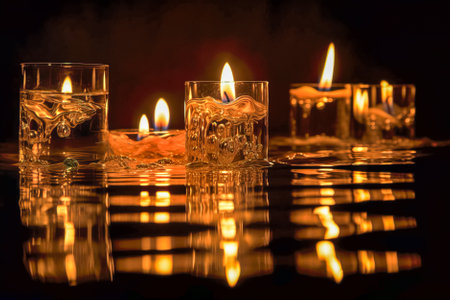 Burning candles on a black background with reflection and water drops. Generative AI.の素材